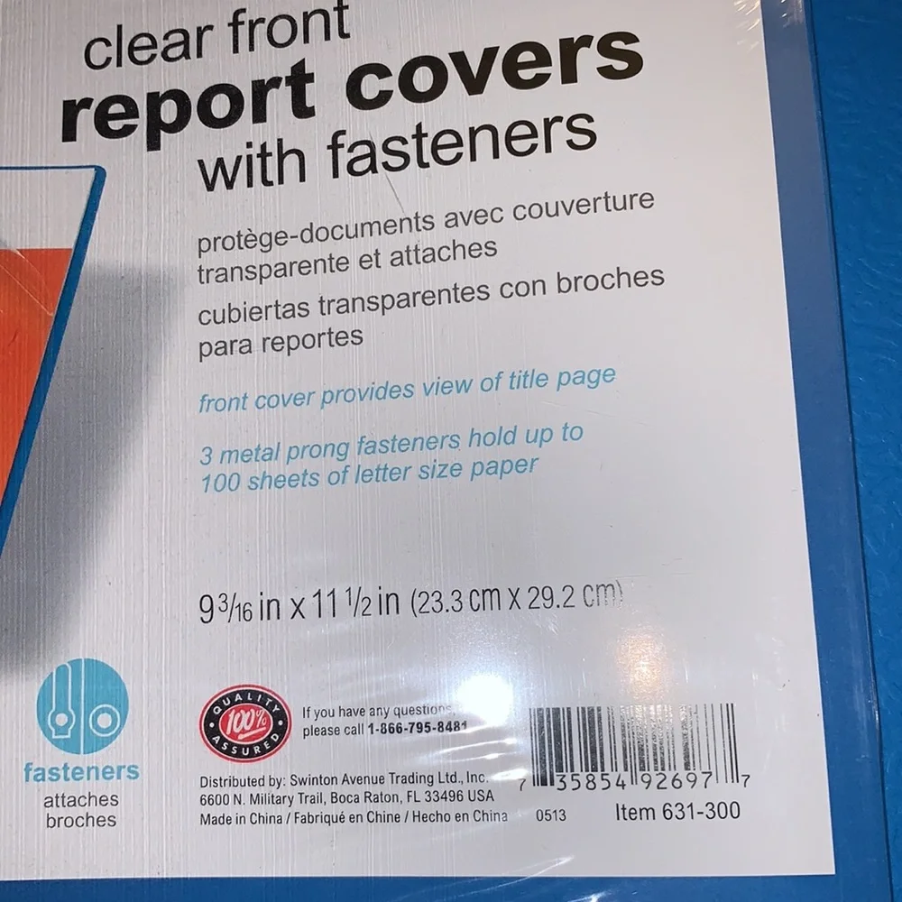 Office Depot clear front report covers with fasteners - blue 18 count